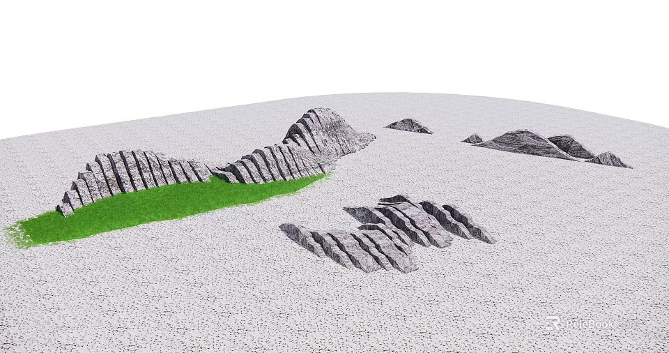 Small Garden Ornament with Gray Stone Strips Green Grassy Patch and Scattered Rocks 3d model 
