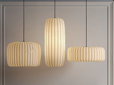 Modern Striped Pendant Lights In Different Shapes Hanging On Gray Wall With Soft Glow 3d model