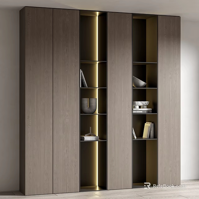 Modern Wooden Bookshelf With Sleek Design Built-in Lighting And Shelves With Books Decorative Bowl 3d model 