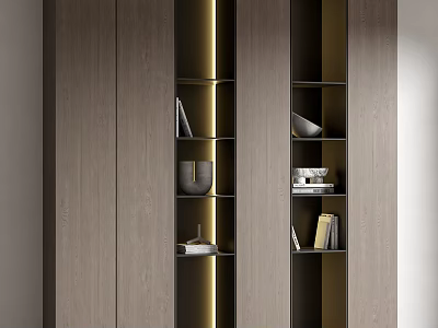 Modern Wooden Bookshelf With Sleek Design Built-in Lighting And Shelves With Books Decorative Bowl 3d model