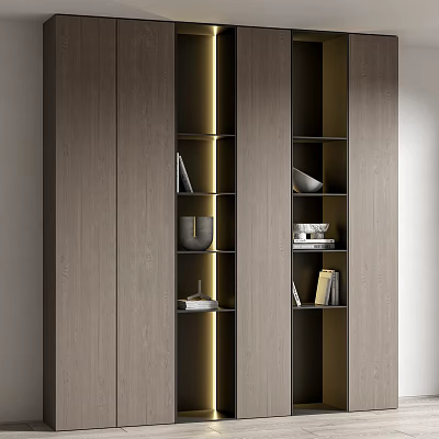 Modern Wooden Bookshelf With Sleek Design Built-in Lighting And Shelves With Books Decorative Bowl 3d model