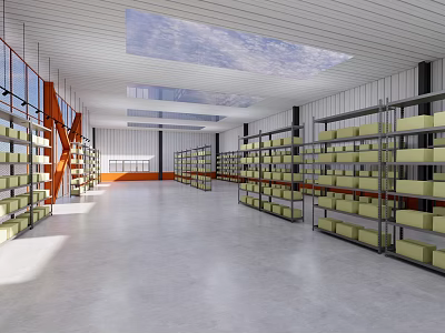 Industrial Warehouse Bright Interior With Spacious Storage Racking Yellow Containers Skylights And Windows 3d model