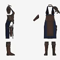 Brown Leather Clothing Set with Shoulder Armor Arm Guards Dark Skirt Pockets and Boots