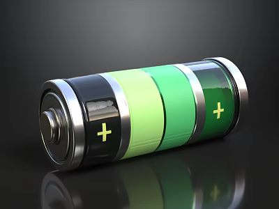 Green And Black Rechargeable Battery With Silver Casing And Yellow Plus Signs 3d model