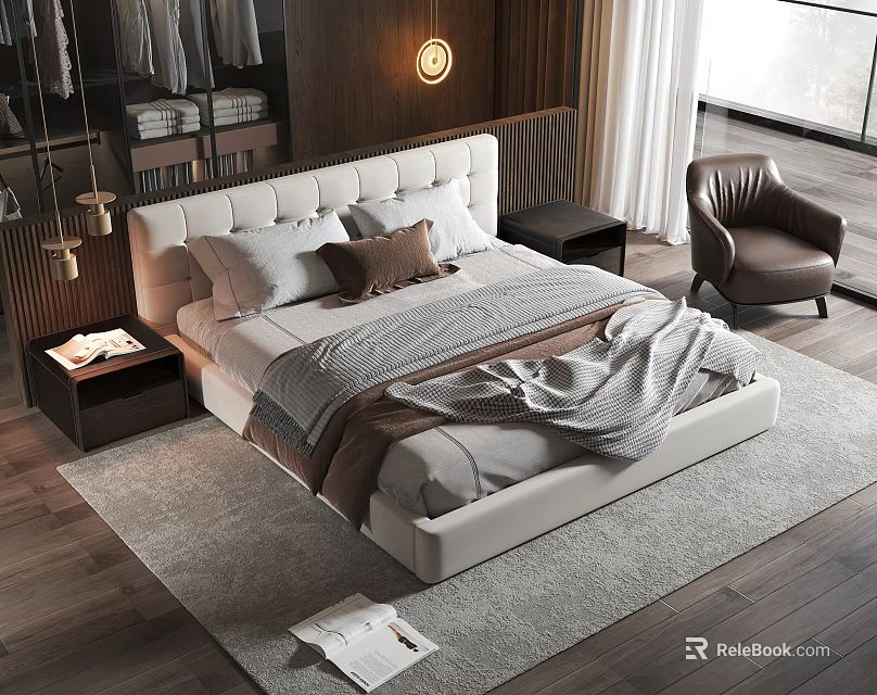 Modern Bedroom Interior With Upholstered Bed Pillows Throw Blanket Nightstand Armchair And Lighting Fixture 3d model 