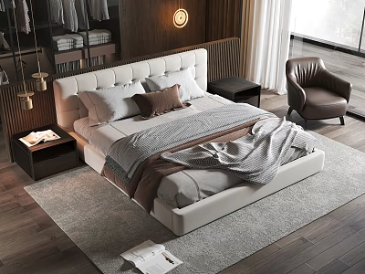Modern Bedroom Interior With Upholstered Bed Pillows Throw Blanket Nightstand Armchair And Lighting Fixture 3d model