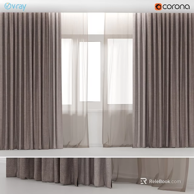 Modern Two Layer Curtains Dark Brown Thick Outer Light Sheer Inner Window Design 3d model 