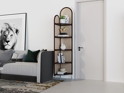 Modern Bookshelf In Living Room With Sofa Lion Painting Potted Plant And Books 3d model