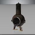Vintage Metal Stove With Cylindrical Top Grilled Door And Three Wooden Padded Legs