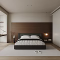 Modern Minimalist Bedroom Interior With Wooden Headboard White Quilt Desk Lamp And Rug