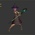 Woman In Purple Wizard Costume With Pointed Hat Holding Magic Wand And Blue Gem