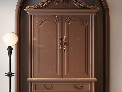 Traditional Brown Wooden Wardrobe With Ornate Carvings Double Doors Brass Handles And Bottom Drawer 3d model