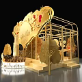 Traditional Golden Decorative Structure With Fan Shaped Design Red Elements And Tree Decorations 3d model