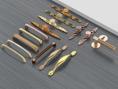 Various Style Decorative Furniture Handles with Intricate Designs and Metallic Colors 3d model
