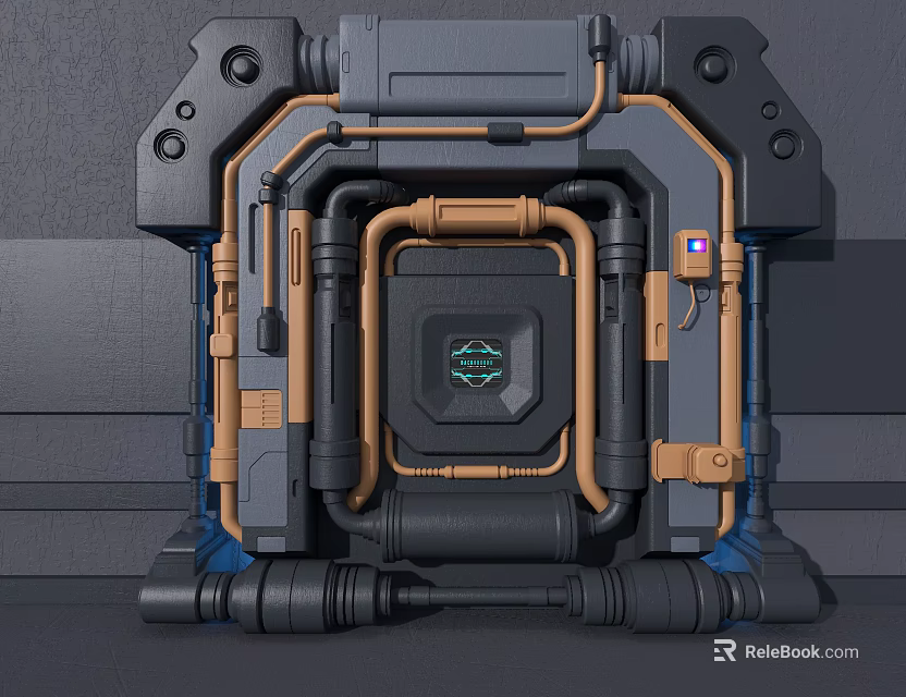 Futuristic Industrial Mechanical Structure With Metal Frame Pipes And Control Panel 3d model 