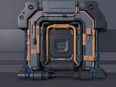 Futuristic Industrial Mechanical Structure With Metal Frame Pipes And Control Panel 3d model