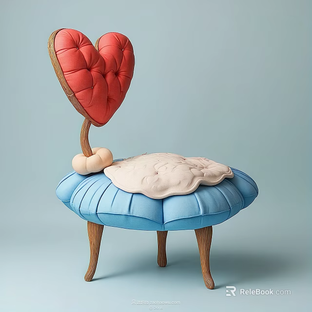 Unique Single Chair With Red Heart Shaped Backrest Blue Base And Wooden Legs 3d model 