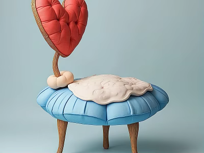Unique Single Chair With Red Heart Shaped Backrest Blue Base And Wooden Legs 3d model