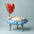 Unique Single Chair With Red Heart Shaped Backrest Blue Base And Wooden Legs