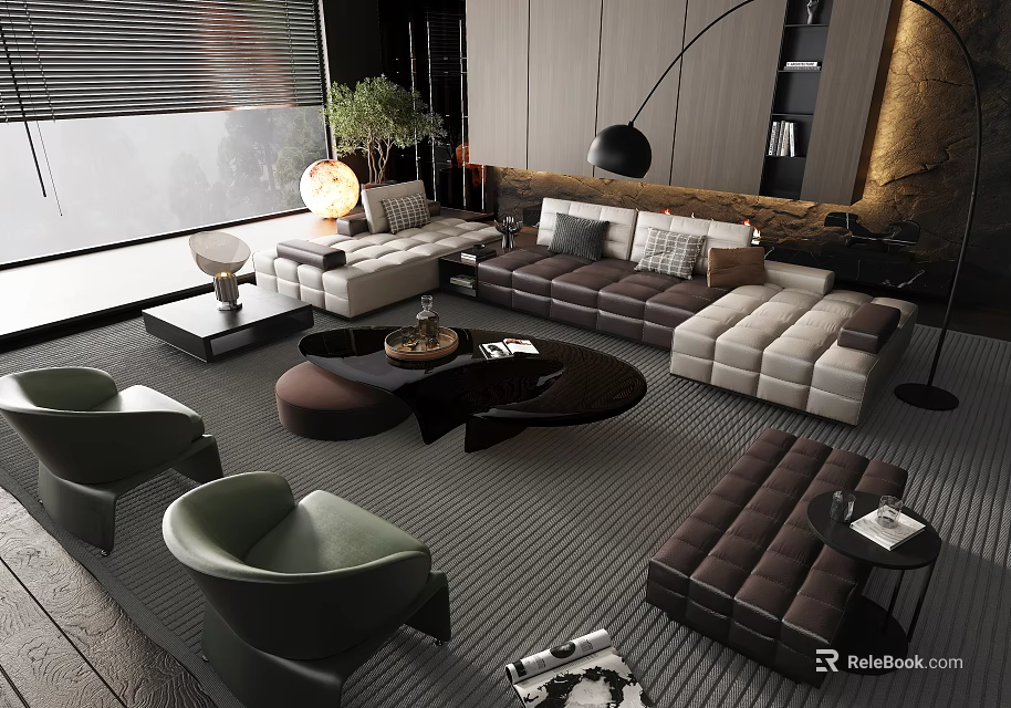 Modern Living Room Interior With Sectional Sofa Coffee Table Floor Lamp And Green Plants 3d model 