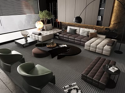 Modern Living Room Interior With Sectional Sofa Coffee Table Floor Lamp And Green Plants 3d model