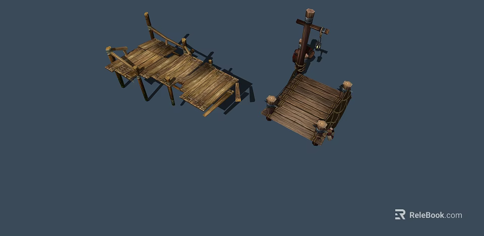 Wooden Bridge Structure Featuring Planks Railings Ropes And Support Posts 3d model 
