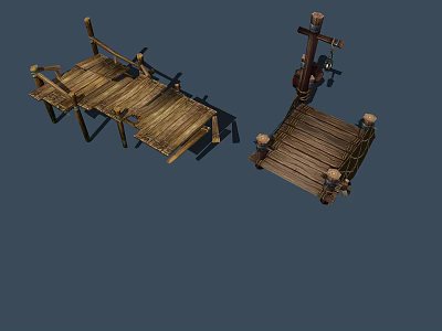 Wooden Bridge Structure Featuring Planks Railings Ropes And Support Posts 3d model