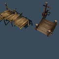 Wooden Bridge Structure Featuring Planks Railings Ropes And Support Posts