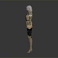 Woman In Golden Ornate Armor With Silver Hair On Gray Background