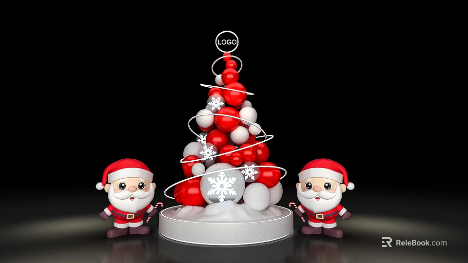 Christmas Art Installation Featuring Spiral Red White Balls Silver 2023 Sign And Santa Claus Dolls 3d model 