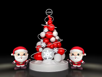 Christmas Art Installation Featuring Spiral Red White Balls Silver 2023 Sign And Santa Claus Dolls 3d model