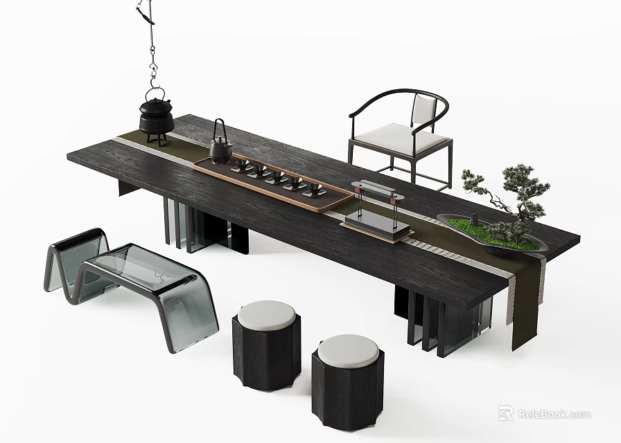 Black Wooden Tea Table and Chairs with Tea Set Stools and Small Plant 3d model 