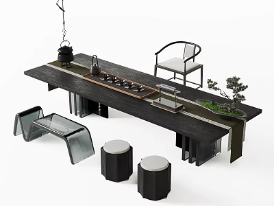Black Wooden Tea Table and Chairs with Tea Set Stools and Small Plant 3d model