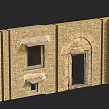 Traditional Building Exterior Wall With Stone Brick Arched Doorway Windows And Decorative Ledges