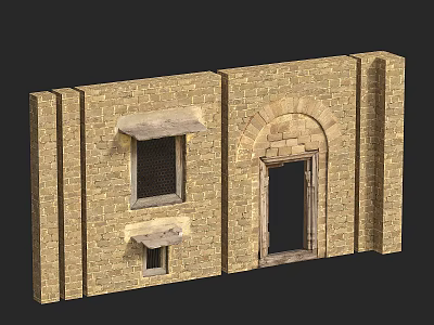 Traditional Building Exterior Wall With Stone Brick Arched Doorway Windows And Decorative Ledges 3d model