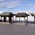 Chinese Style Landscape Pavilions With Traditional Curved Roofs On Paved Plaza And Modern Buildings