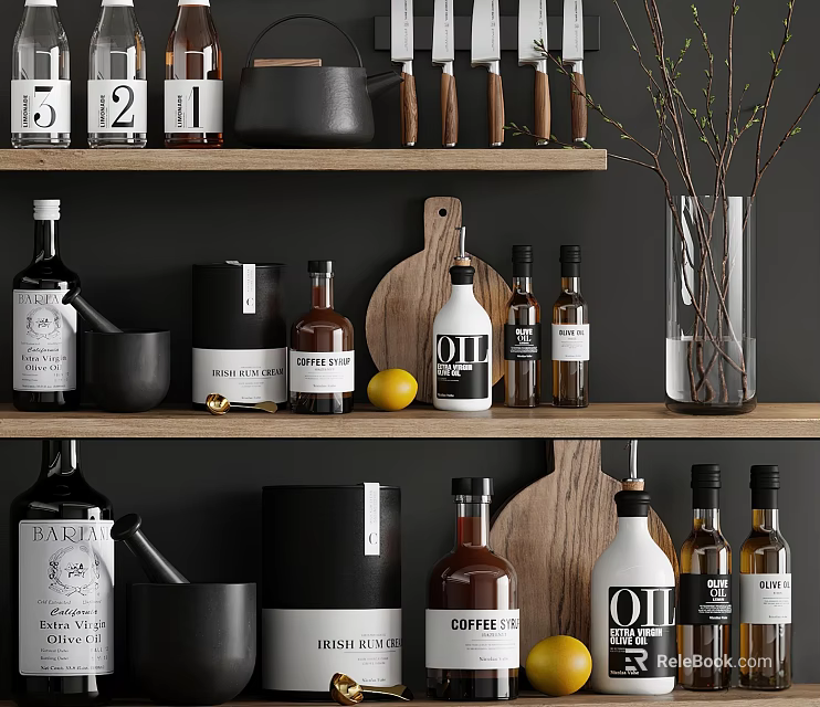 Organized Stylish Kitchenware On Shelves With Labeled Bottles Jars And Wooden Cutting Board 3d model 