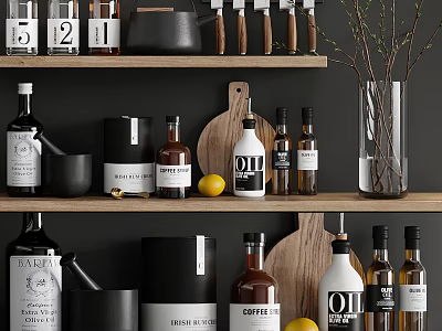 Organized Stylish Kitchenware On Shelves With Labeled Bottles Jars And Wooden Cutting Board 3d model