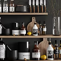 Organized Stylish Kitchenware On Shelves With Labeled Bottles Jars And Wooden Cutting Board