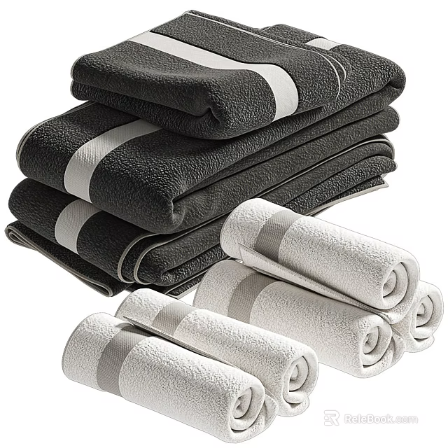 Stacked And Rolled Gray White Striped Soft Cotton Towels For Bathroom Use 3d model 