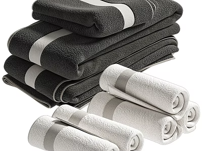 Stacked And Rolled Gray White Striped Soft Cotton Towels For Bathroom Use 3d model