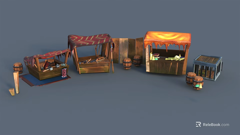 Cartoon Market Scene With Colorful Stalls Various Canopies Wooden Barrels And Small Buildings 3d model 