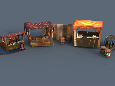 Cartoon Market Scene With Colorful Stalls Various Canopies Wooden Barrels And Small Buildings 3d model