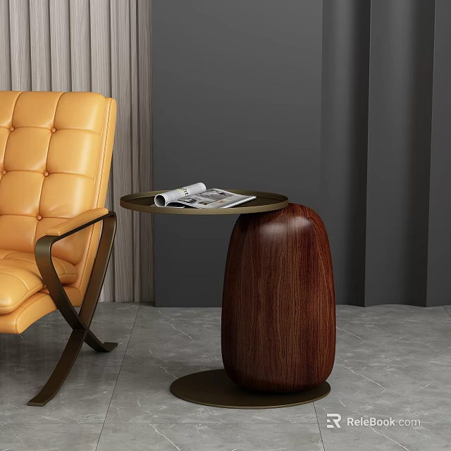 Wooden Side Table With Round Top And Magazine Next To Leather Chair In Living Room 3d model 