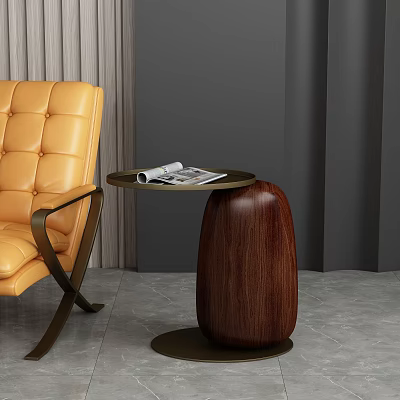 Wooden Side Table With Round Top And Magazine Next To Leather Chair In Living Room 3d model