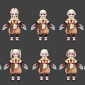 Cute Game And Film Character With White Hair Yellow Red Outfit Multiple Poses