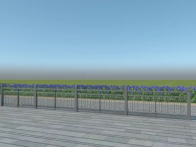 Metal Fence With Vertical Bars On Wooden Deck Overlooking Green Grass And Blue Sky 3d model