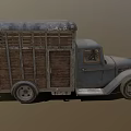 Vintage Old Truck With Wooden Cargo Bed And Farmer Leading Cow Nearby
