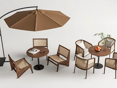 Brown Outdoor Table With Rattan Chairs Umbrella And Green Plants 3d model