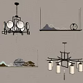 Modern Chinese Style Decorative Chandeliers With Circular Elements And Mountain Patterns 3d model